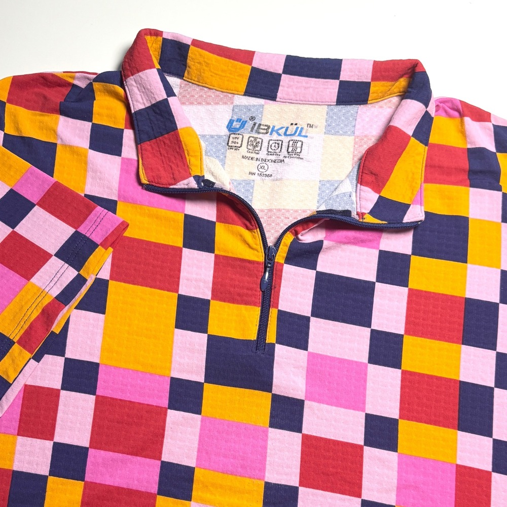 IBKUL Quarter Zip Golf Polo Women's XL Orange Pink Checkered UPF‎ 50 IceFil Top